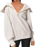 Momentlover Zipper Solid Color Loose Long Sleeves V-Neck Sweatshirt Tops