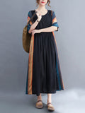 Momentlover Loose Contrast Color Striped Pleated Midi Dress