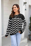 Momentlover Wave Pattern Round Neck Long Sleeve Sweater