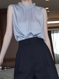 Momentlover Solid Color Ruffled Pleated Hollow Sleeveless Loose Stand Collar Vest Top
