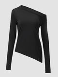 Momentlover Stylish Solid Color One-Shoulder Long Sleeves T-Shirt Top