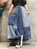 Momentlover Casual Wide Leg Loose Color-Block Bandage Embroidered Jean Pants Bottoms