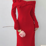 - Ribbed Floral Decor Dress, Elegant Long Sleeve Bodycon Midi Dress, Women's Clothing