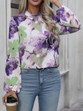 Momentlover Pleated Flower Print Elasticity Puff Sleeves Loose Mock Neck Blouses&Shirts Tops