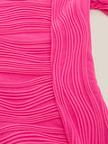 Momentlover Split-Joint Solid Color Pleated Skinny Long Sleeves Round-Neck Mini Dresses