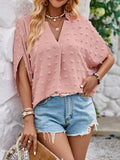 Momentlover Solid Color Jacquard Loose Half Sleeves V-Neck T-Shirts Tops
