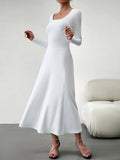 Momentlover Tied Waist Solid Color Skinny Long Sleeves U-Neck Midi Dresses