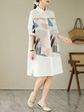 Momentlover Split-Side Split-Joint Printed Short Sleeves Loose Lapel Midi Dresses
