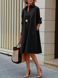 momentlover Simple Long Sleeves Solid Color Lapel Midi Dress