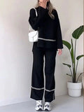 Momentlover Round-Neck High-Low Contrast Color Split-Side Sweater Top + High Waisted Pants Bottom Two Pieces Set