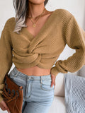 Momentlover Twisted Front Long Sleeve Cropped Sweater