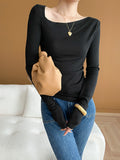 Momentlover Solid Color Skinny Long Sleeves Asymmetric Collar T-Shirts Tops