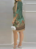 Momentlover Split-Joint Printed Hollow Short Sleeves Loose Round-Neck Mini Dresses
