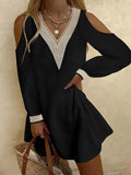 Momentlover Split-Back Hollow Loose Long Sleeves V-Neck Mini Dresses