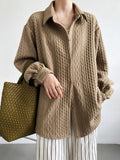 Momentlover Simple Loose Long Sleeves Buttoned Solid Color Textured Lapel Collar Blouses&Shirts Tops