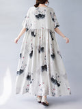 Momentlover Split-Joint Printed Pleated Short Sleeves Loose Round-neck Midi Dresses