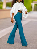 Momentlover Solid Color Puff Sleeves Loose Mock Neck Blouses&Shirts Tops