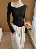 Momentlover Solid Color Skinny Long Sleeves Asymmetric Collar T-Shirts Tops