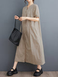 Momentlover Solid Color Pockets Buttoned Short Sleeves Loose V-Neck Midi Dresses