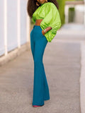 Momentlover Solid Color Puff Sleeves Loose Mock Neck Blouses&Shirts Tops