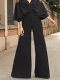Momentlover Batwing Sleeves Loose Solid Color Split-Joint Deep V-Neck Jumpsuits Bottoms