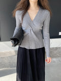 Momentlover Solid Color Knot Loose Long Sleeves V-Neck Sweater Tops Pullovers