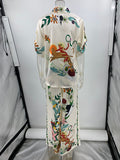Momentlover Flower Print Half Sleeves Loose Buttoned Pockets Lapel T-shirt Top + Drawstring Elasticity Pants Bottom Two Pieces Set