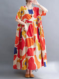 Momentlover Artistic Retro Short Sleeves Loose Contrast Color Printed Round-Neck Midi Dresses