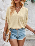 Momentlover Solid Color Jacquard Loose Half Sleeves V-Neck T-Shirts Tops