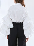 Momentlover Solid Color Ruffled Layered Buttoned Loose Long Sleeves Mock Neck Blouses&Shirts Tops