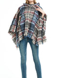 Momentlover Plaid Keep Warm Hooded Fringed Shawl&Cloak Cape