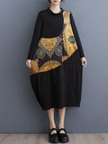 Momentlover Split-Joint Printed Asymmetric Loose Long Sleeves Round-Neck Midi Dresses
