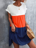 Momentlover Split-Joint Pleated Falbala Contrast Color Ruffle Sleeves Loose Round-Neck Mini Dresses