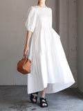 Momentlover Half Sleeves Puff Sleeves Breathable See-Through Solid Color Round-Neck Midi Dresses