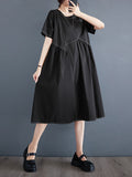 Momentlover Split-Joint Solid Color Pockets Pleated Asymmetric Loose A-line Round-neck Midi Dresses