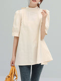 Momentlover Solid Color Pleated Bowknot Loose Half Sleeves Mock Neck Blouses&Shirts Tops