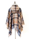 Momentlover Plaid Keep Warm Hooded Fringed Shawl&Cloak Cape