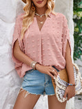 Momentlover Solid Color Jacquard Loose Half Sleeves V-Neck T-Shirts Tops