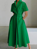 Momentlover High Waisted Loose Pleated Solid Color V-Neck Midi Dresses