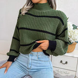 Momentlover Striped Mock Neck Dropped Shoulder Sweater