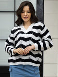 Momentlover Openwork Striped V-Neck Sweater