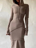 Momentlover Split-Joint Solid Color Skinny Plus Size Hooded Maxi Dresses