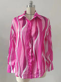 Momentlover Striped Contrast Color Loose Long Sleeves Lapel Blouses