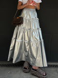 Momentlover Split-Joint Solid Color Pleated Elasticity Loose High Waisted Skirts