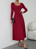 Momentlover Tied Waist Solid Color Skinny Long Sleeves U-Neck Midi Dresses