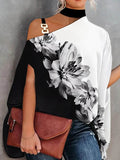 Momentlover Flower Print Chains Asymmetric Short Sleeves Loose Halter-Neck Blouses&shirts Tops