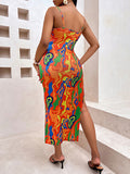 Momentlover Split-front Printed Pleated Drawstring Sleeveless Bodycon U-neck Midi Dresses