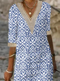 Momentlover Split-Joint Printed Hollow Short Sleeves Loose V-Neck Mini Dresses