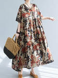 Momentlover Floral Printed Short Sleeves Puff Sleeves Round-Neck Midi Dresses