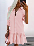Momentlover Split-Joint Solid Color Pleated Buttoned Loose Long Sleeves Lapel Shirt Dress Mini Dresses